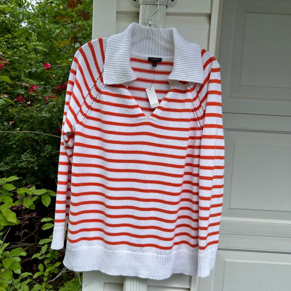 NWT Talbots Pretty White Orange Stripe 100% Cotton Collared V- Neck Sweater